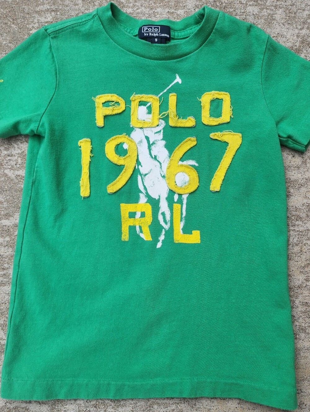 Polo by Ralph Lauren Green Kids Tee w/ Distressed Yellow & White Graphic, Sz 5